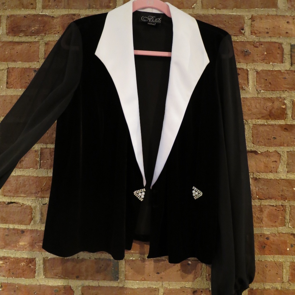 Alex Evenings Vintage 90s Black Velvet White Lapel Sheer Sleeve Blouse Blazer L